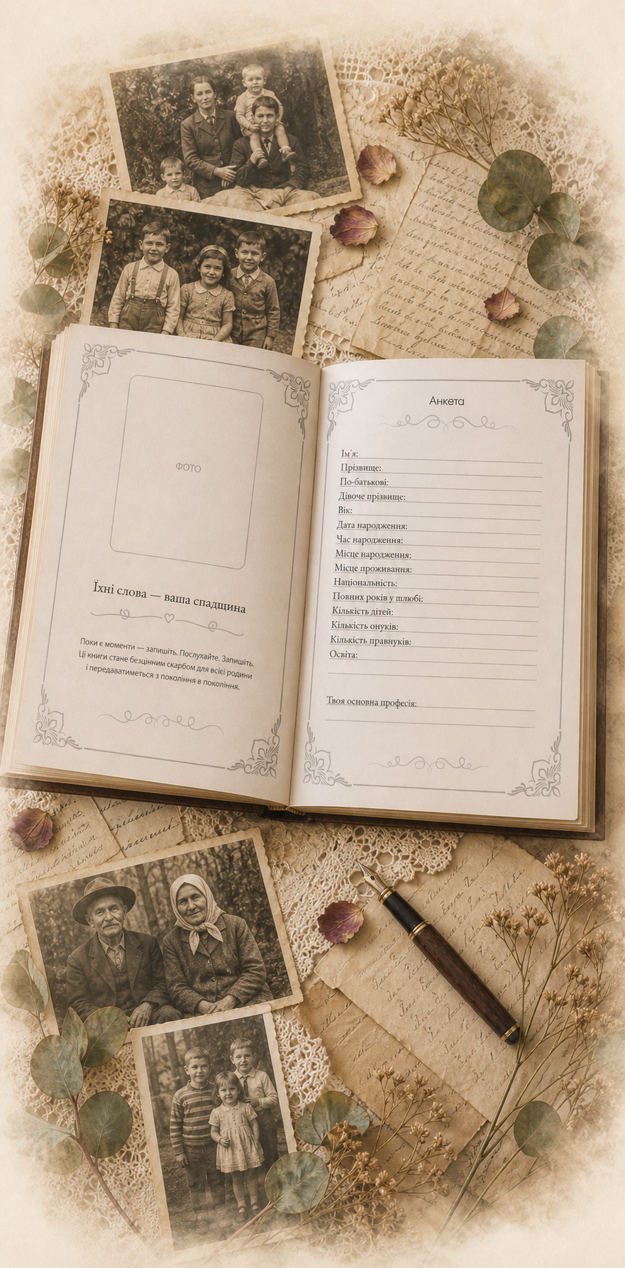 Колаж з відкритою книгою, сторінками, фото, листами і сухоцвітами