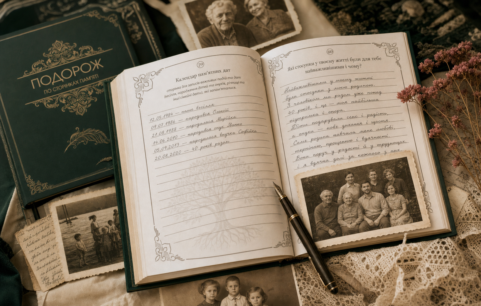 Відкрита книга з українськими сторінками, сімейними фото, пером, мереживом і сухоцвітами